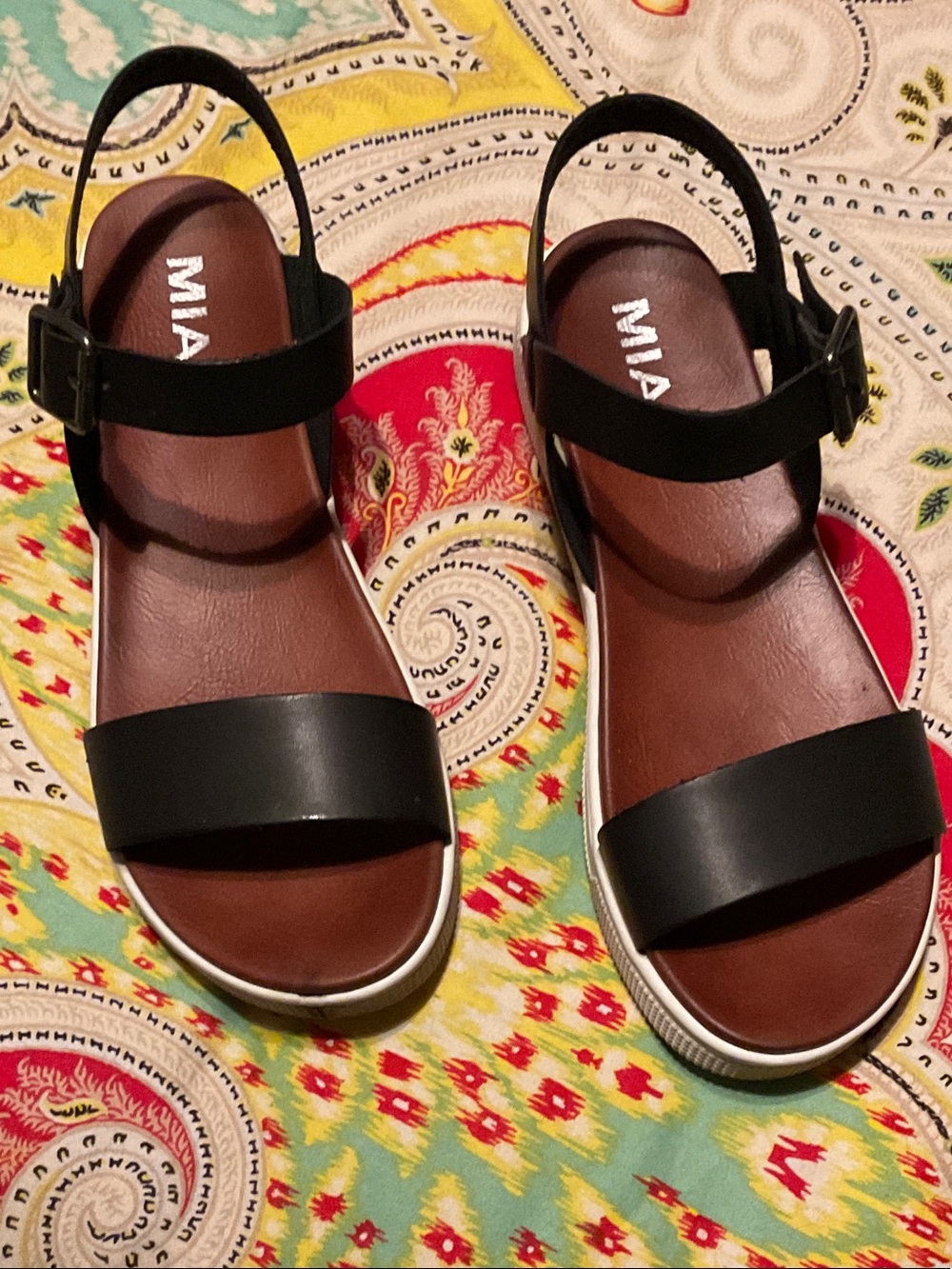 MIA Black and Brown Two-Strap Slingback Sandals